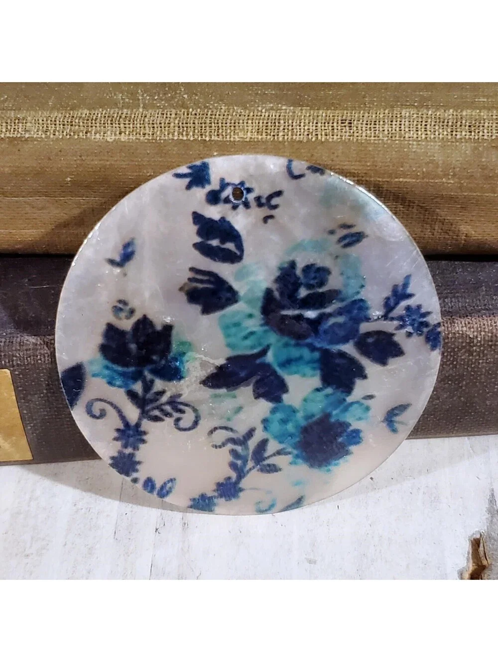 Black & Blue Roses 50mm Capiz Shell Pendant Focal Bead